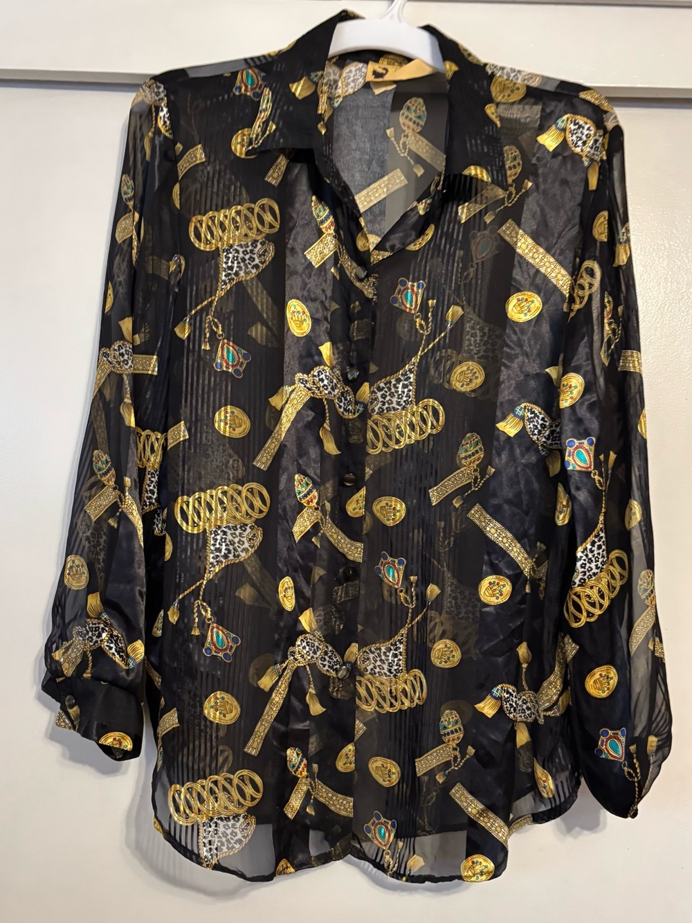 Elegant Women’s Sheer Italian Baroque Black Blouse w/Gold Chain & Jewel Print